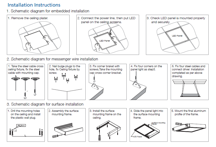90-105lm/wAC200-240V GS SAA  New UGR<19 60x60mm Panel Tri-color Switch and 5 years warranty Easy installation with clips Wide range function 0N-0FF 1-10V MS sensor 